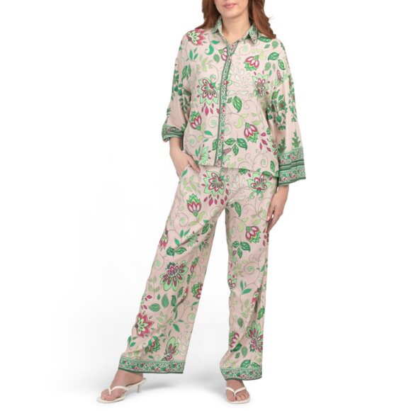CELINA MOON Beige Floral 2pc Printed Button Down Top And Pants Set